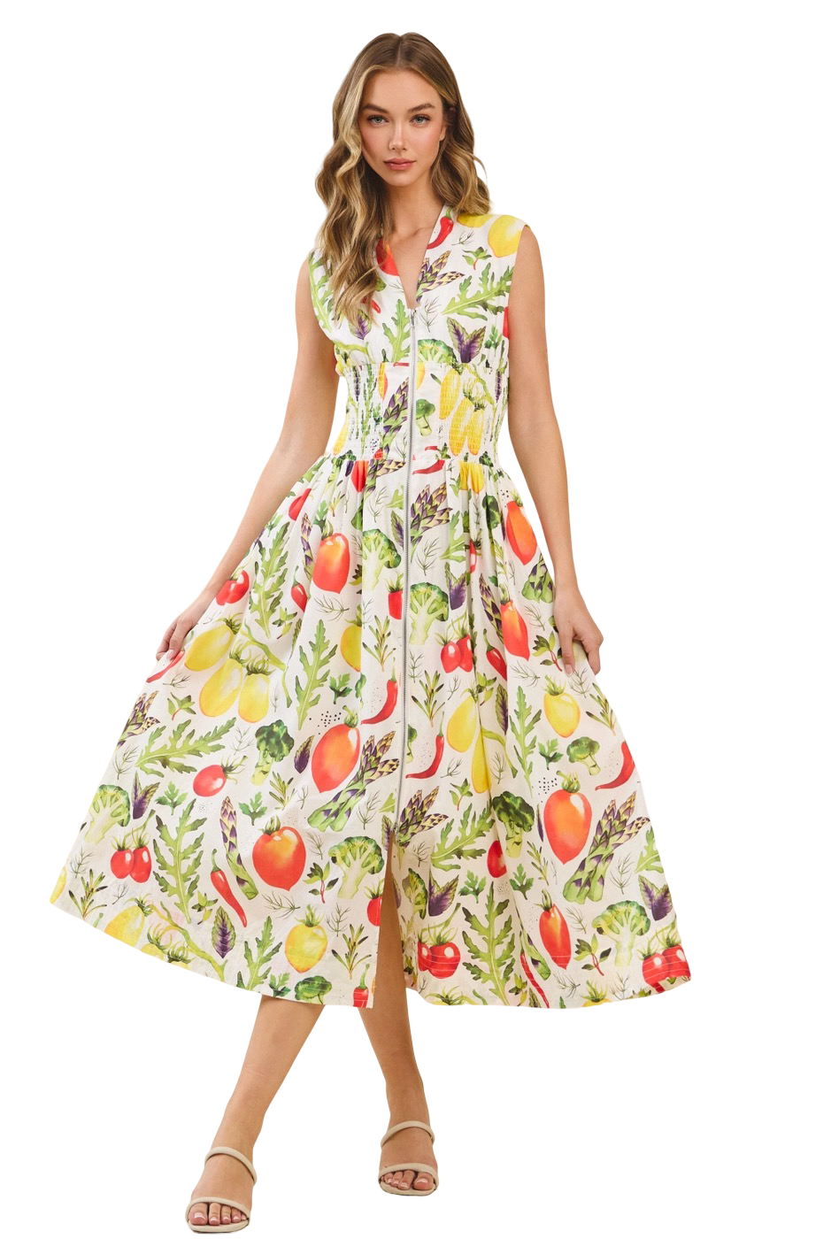 Apparel-TCEC Vibrant Produce Smocked Waist Midi Dress