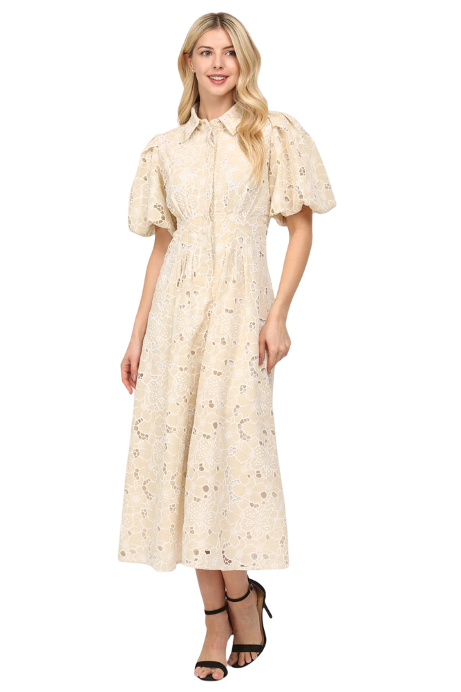 Apparel-Fate Pleated Waist Half Button Eyelet Midi Dress