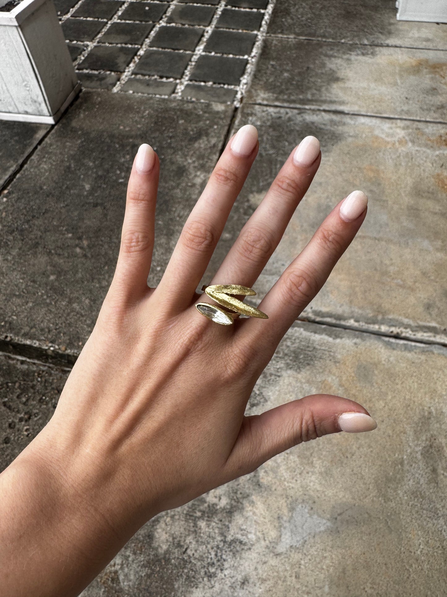 Rings- Kalliope Bronze Open Leaf and Crystal Ring