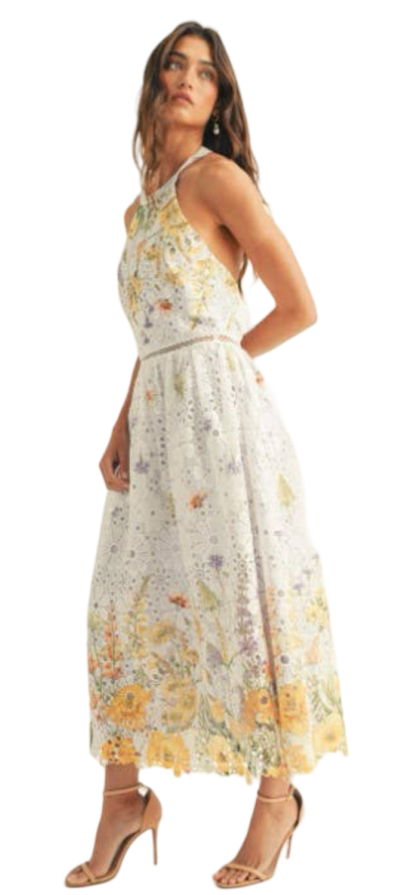 Apparel- Just Me Halter Neck Floral Border Print Midi Dress