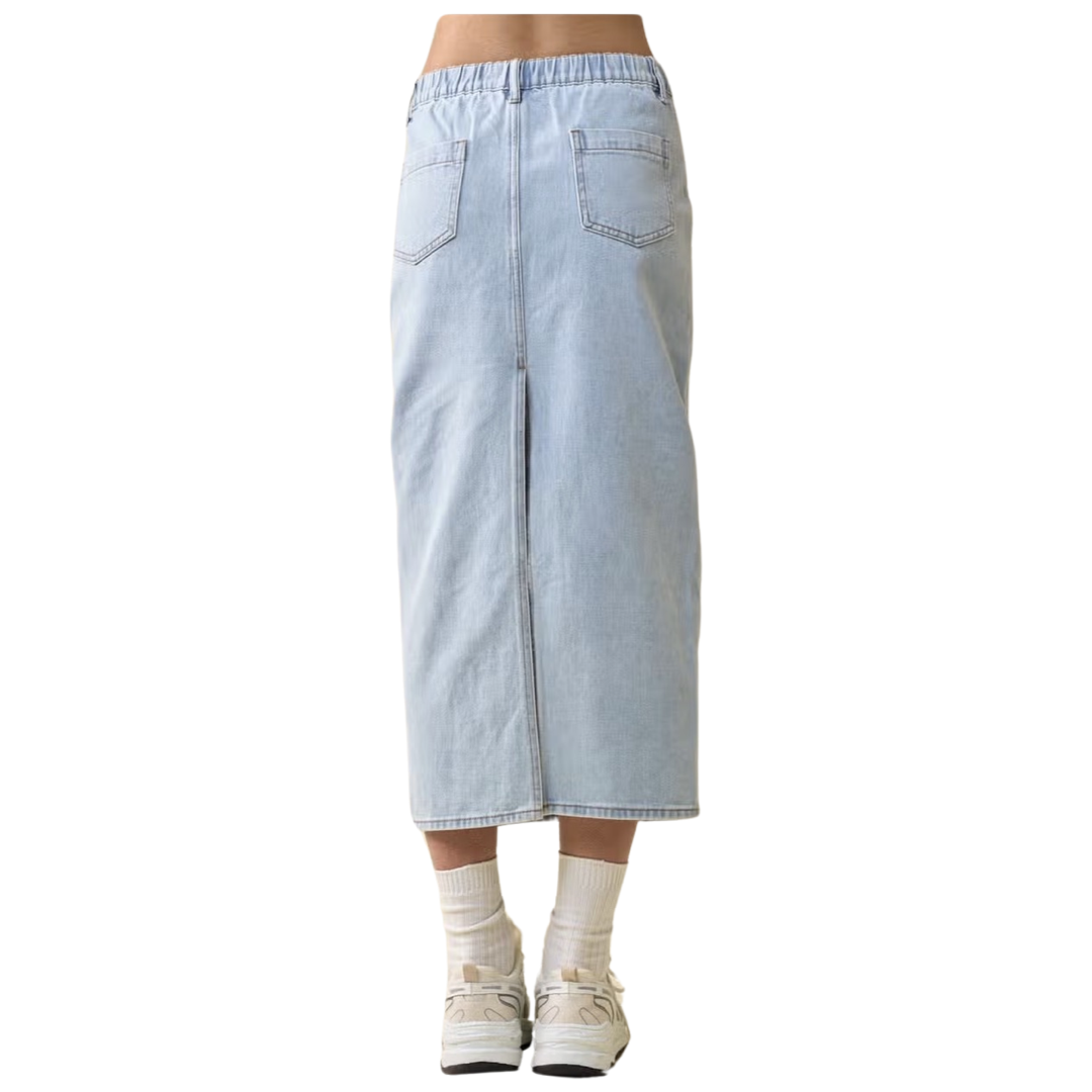 Apparel- Blue Blush Denim Midi Skirt With Back Slit