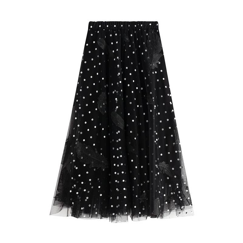 Apparel- Peach Polka Dot and Feathers Detailed Midi Skirts
