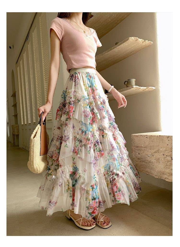 Apparel- Peach Twirl Worthy Floral Midi Ruffle Skirt