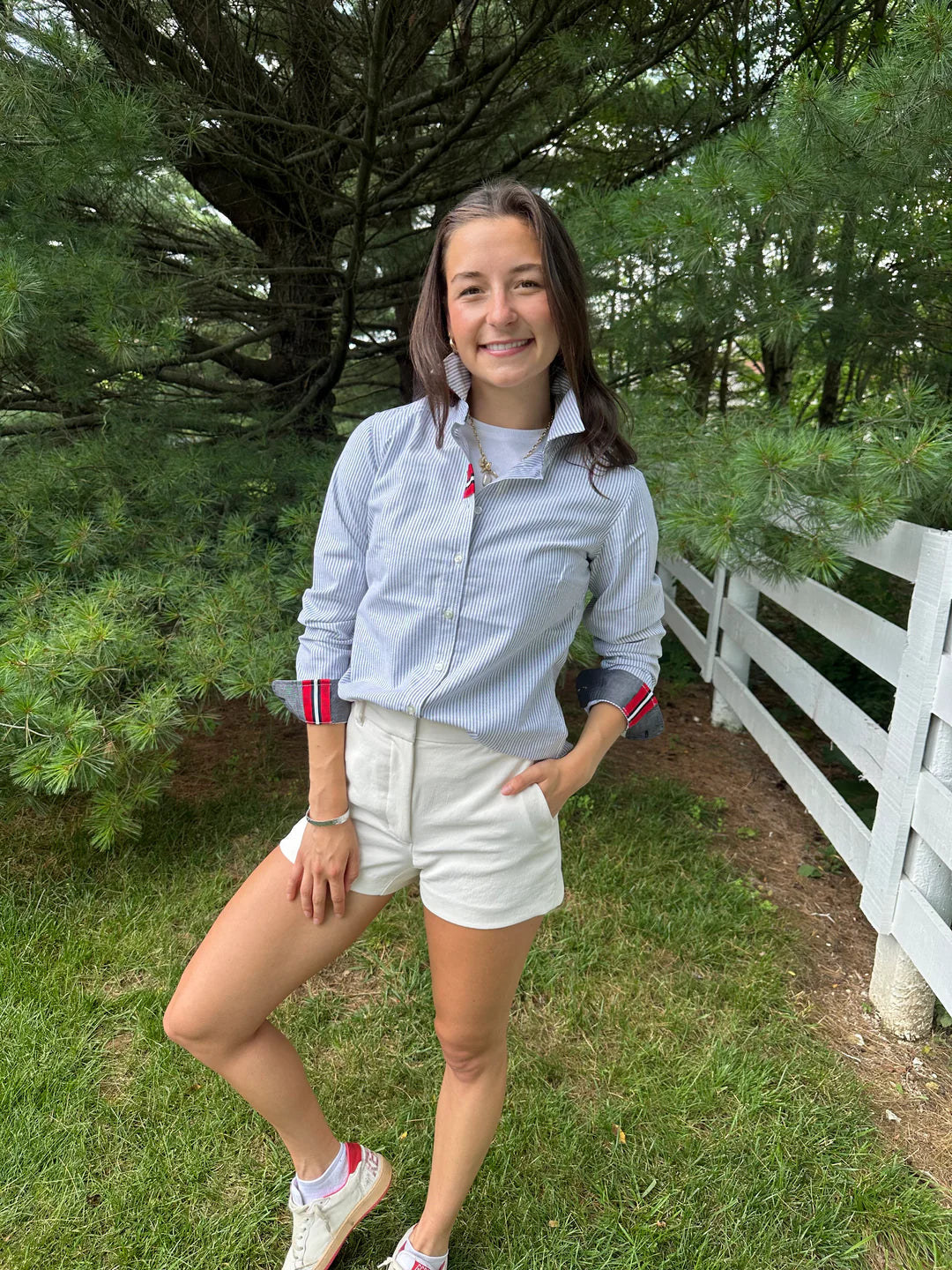 Apparel- Pearly Vines Casie 2 - Striped Oxford w/Black, Red & White Ribbon