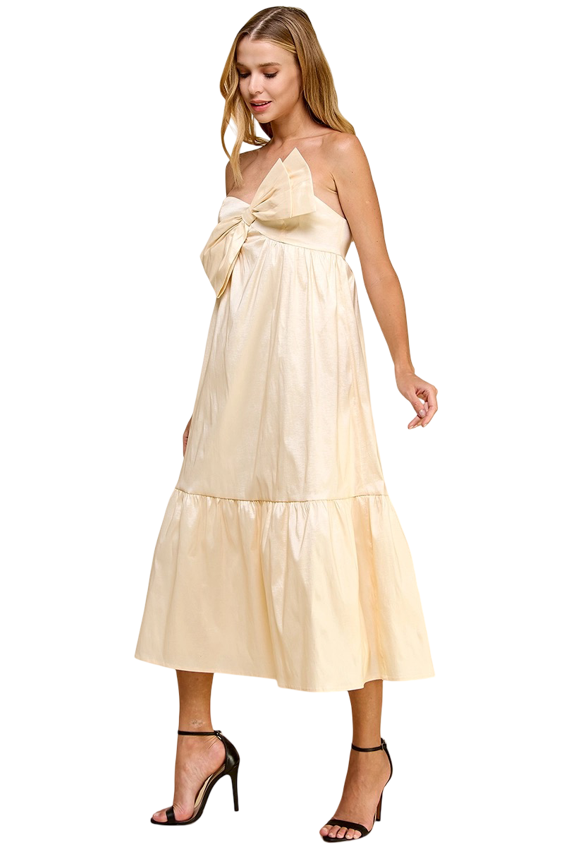 Apparel-TCEC Adjustable Strap Twist Bow Front Midi Dress