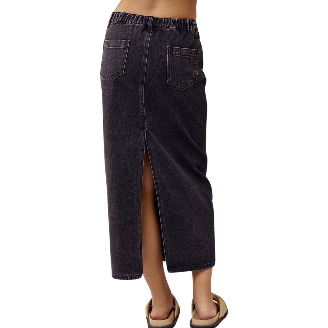 Apparel- Blue Blush Denim Midi Skirt With Back Slit