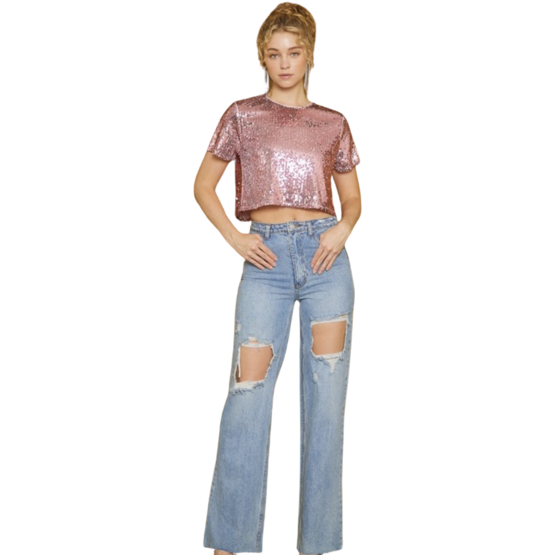 Apparel- Idem Ditto Short Sleeve Sequin Crop Top