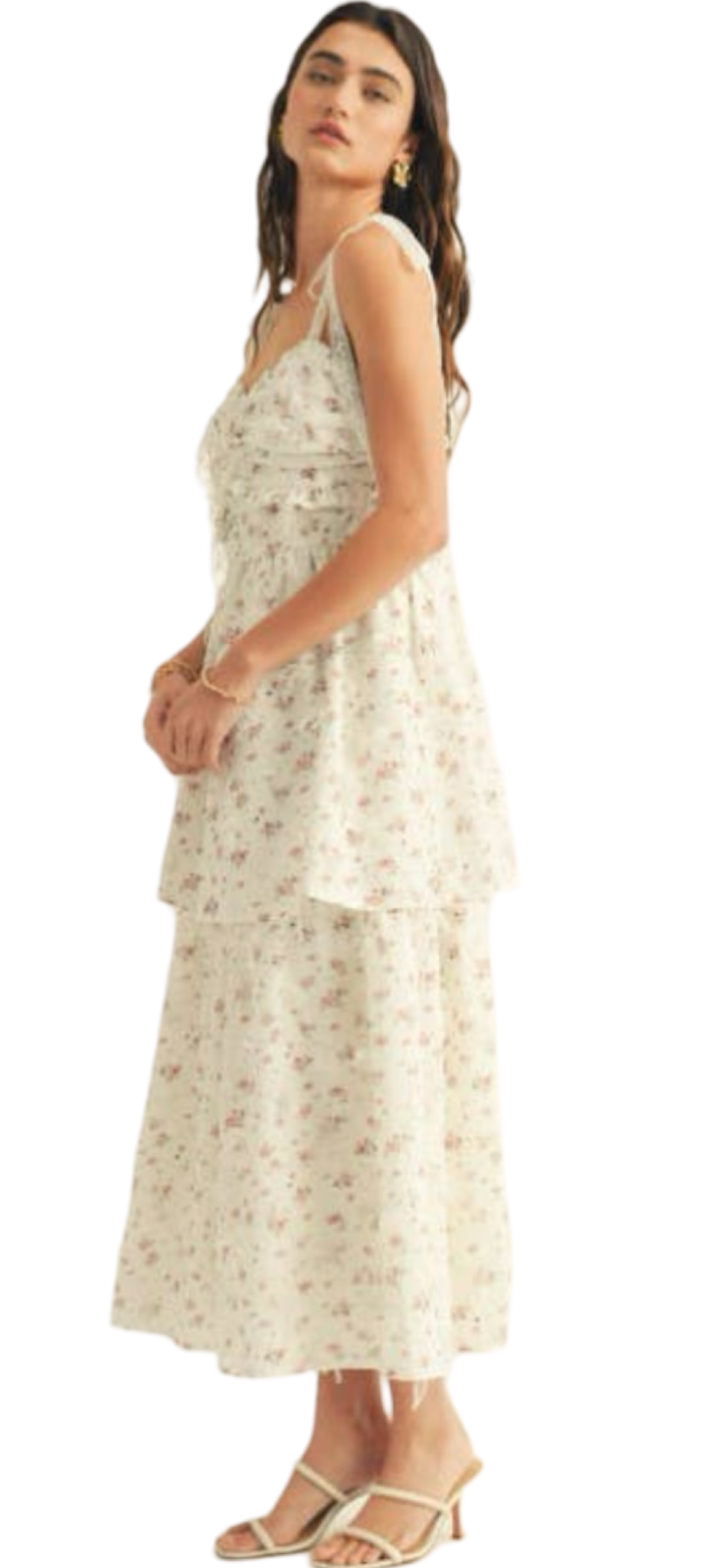 Apparel- Just Me Floral Print Shoulder Tie Shirring Detail Midi Dress