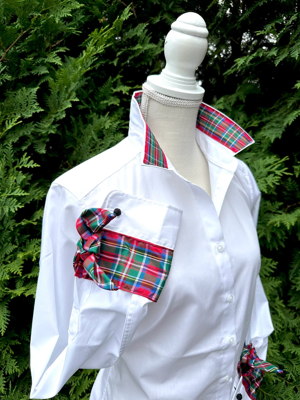 Apparel- Pearly Vines- Audrey White Holiday Ribbon French Cuff with Red Plaid Ribbon