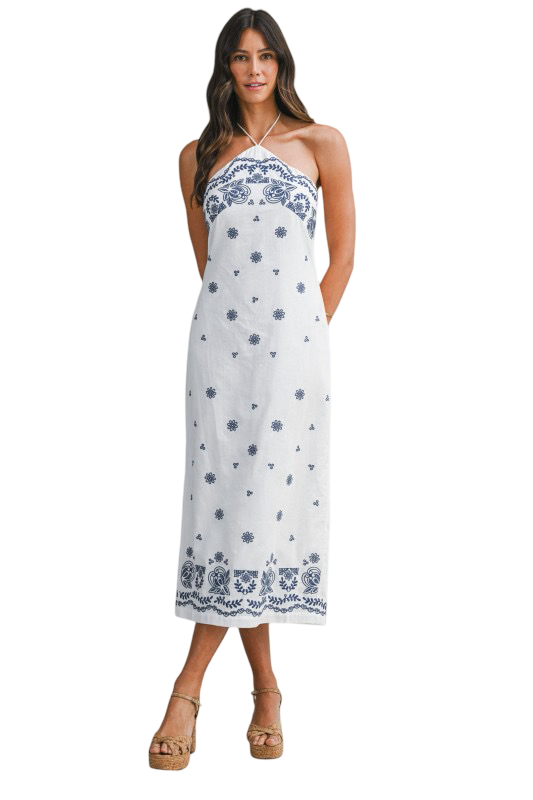 Mable Embroidered Halter Cotton Midi Dress White/Blue / Medium