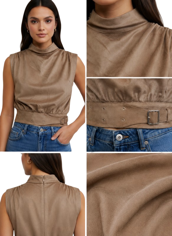 Fore Collection High Neck Sleeveless Top with Banded Waist