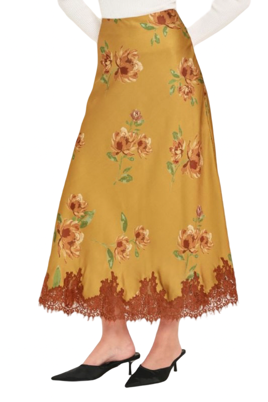Flying Tomato Pattern Satin and Lace Circle Midi Skirt