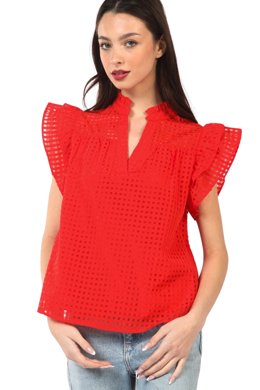 Apparel- Very J Cozy Ruffle Square Grid Top