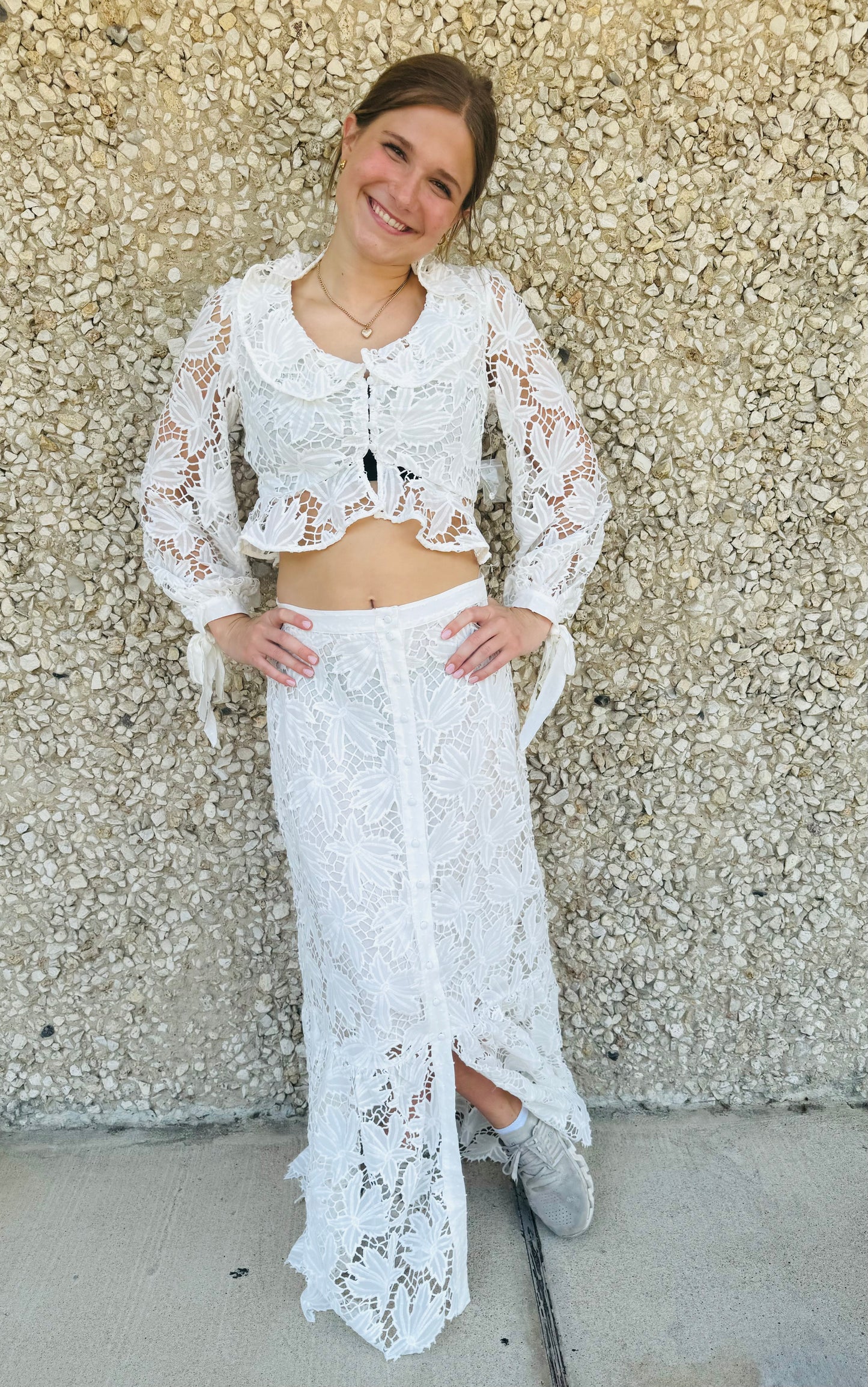 Apparel- Btfl-Life Sena Ruffle Neck Crop Lace Top