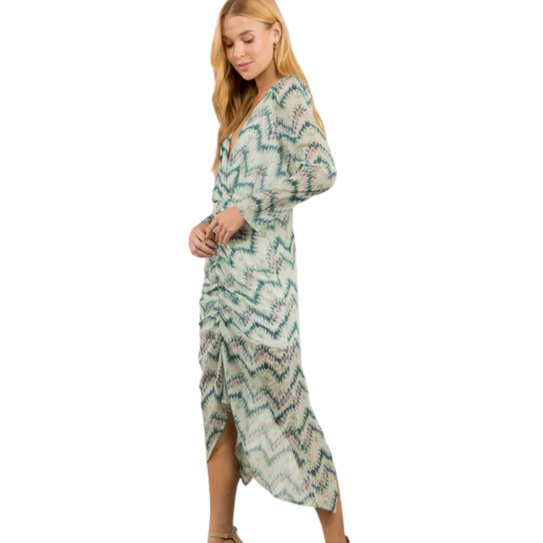 Apparel- Fanco Ruched V Neck Midi Dress