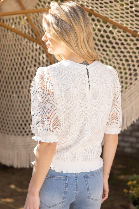 Apparel- VOY Ruffled Banded Detail Lace Top