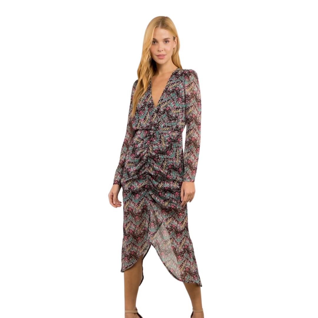 Apparel- Fanco Ruched V Neck Midi Dress
