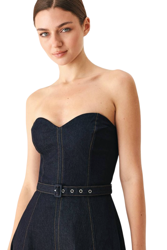 Flying Tomato Sweetheart Neck Classic Denim Midi Dress