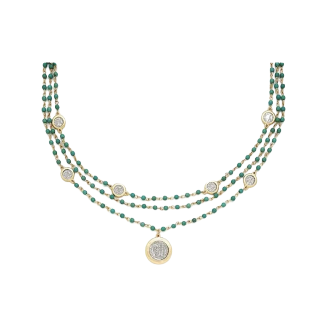 Necklaces- M&E Bling 3 Strand Turquoise Bead With Coin Necklace