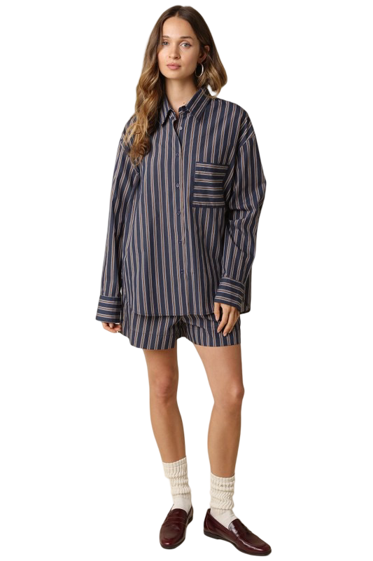 Olivaceous Hunter Striped Oversized Oxford Shirt Top