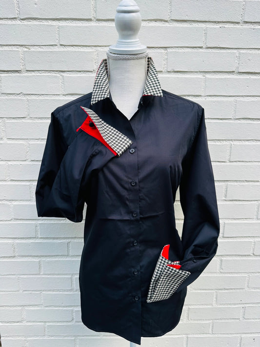 Apparel- Pearly Vines- Diana French Cuff Black w Red &Houndstooth Ribbon