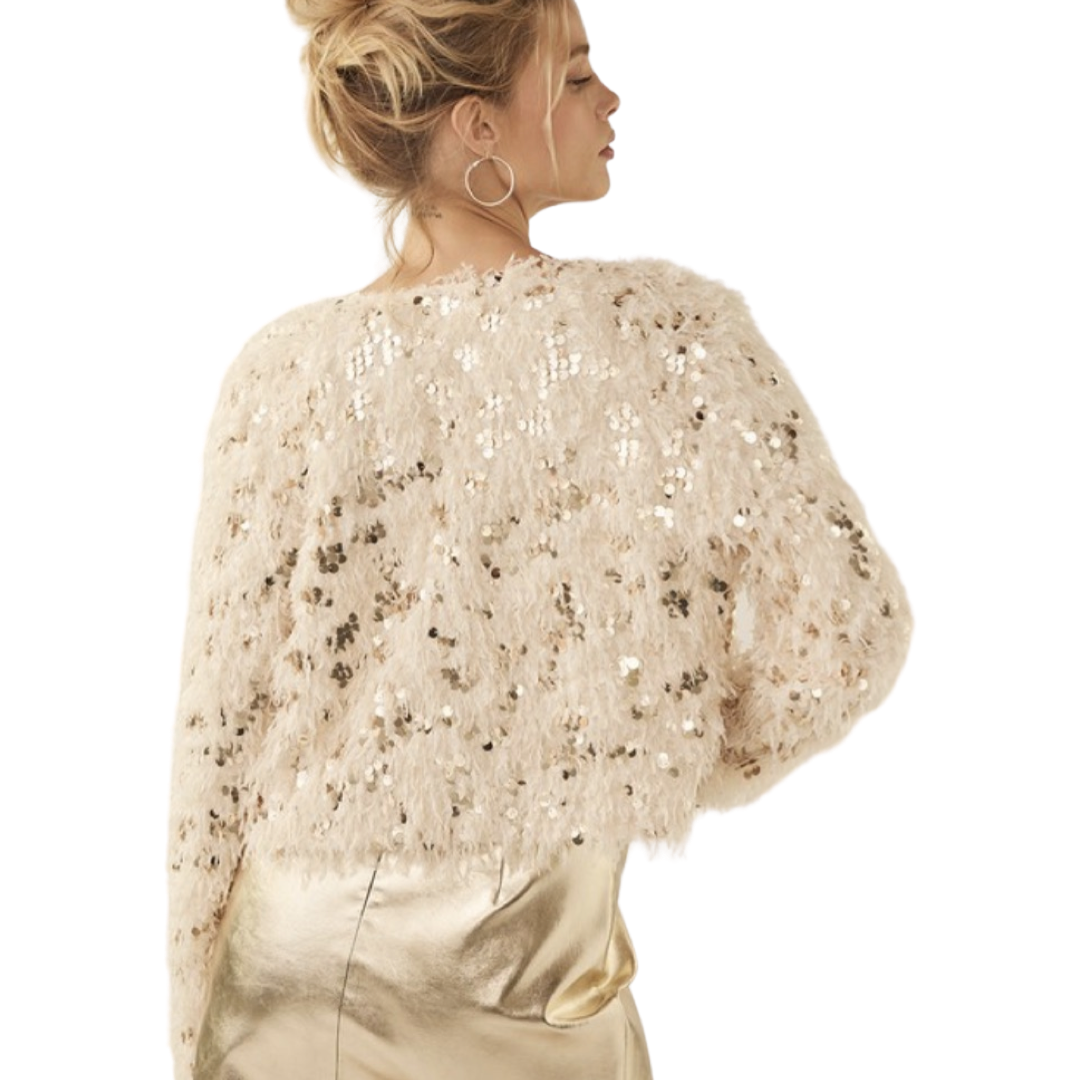 Apparel- Idem Ditto Feathered Sequin Embellished Cardigan Jacket