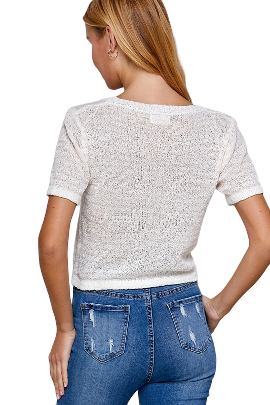Apparel- Sweet Lemon Ditsy Floral Textured Striped Knit Top