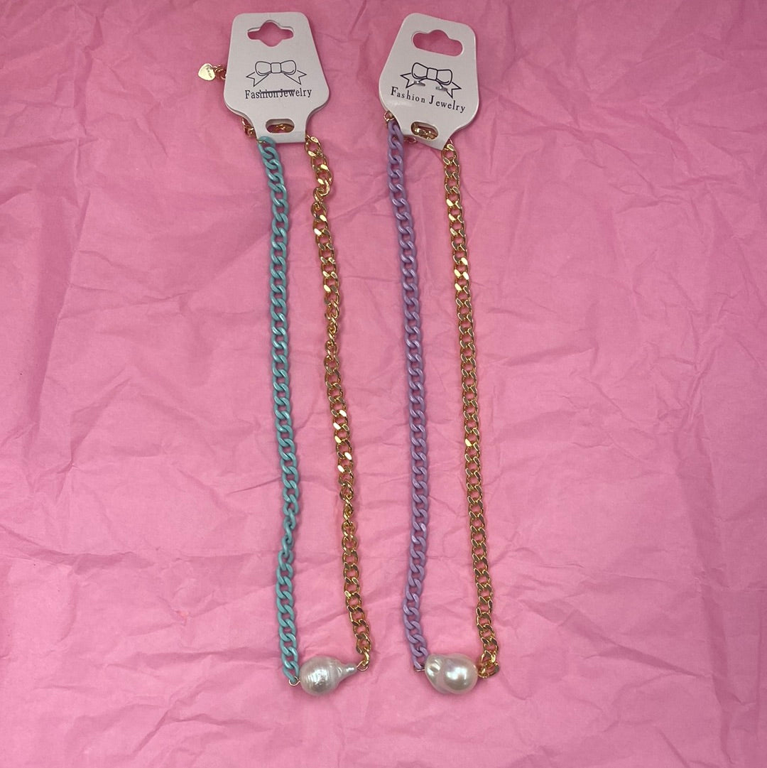 Necklaces- M&E Bling Gold snd Enamel Chain with Baroque Freshwater Pearl Necklace