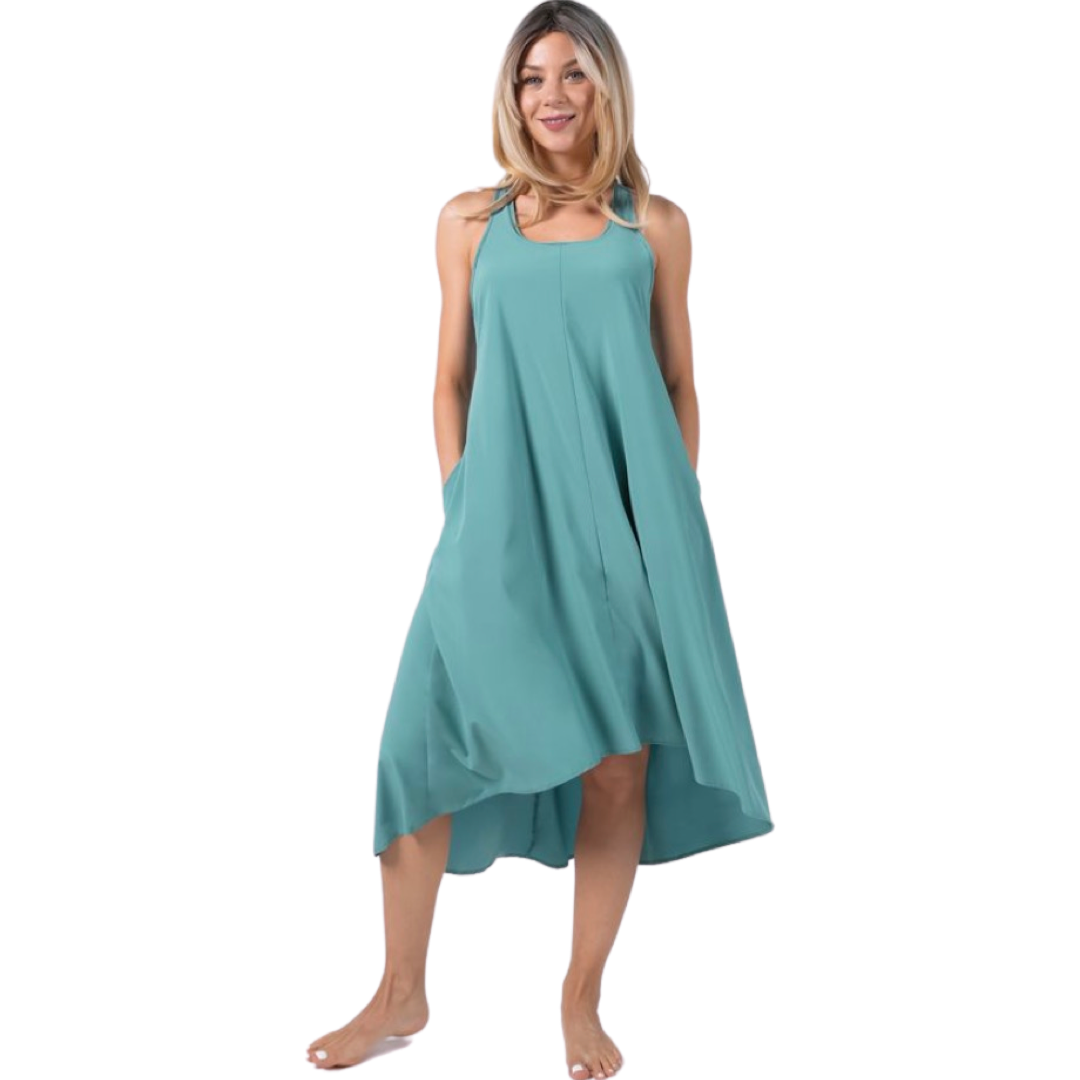 Apparel- Halara Breezeful* Backless Racerback Side Pocket High Low Midi Dress