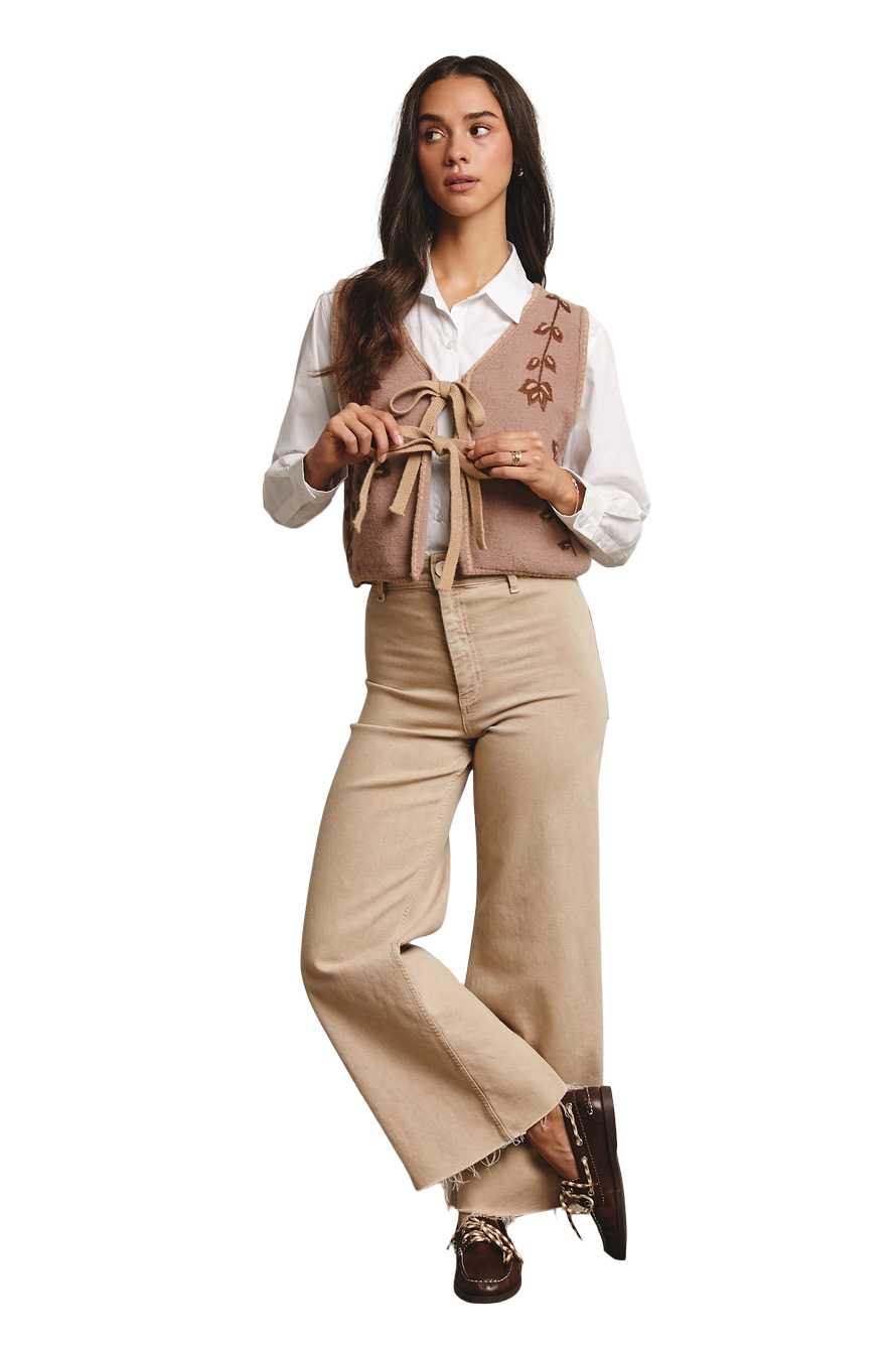 Apparel- Forte Embroidered Tie Front Sweater Vest