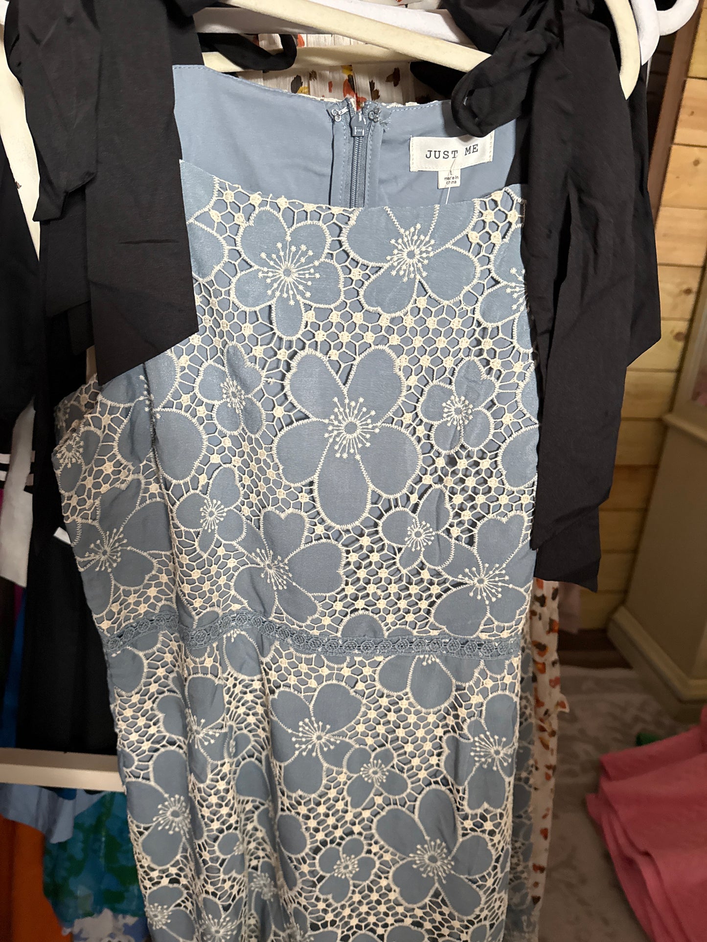 Apparel- Just Me Flower Embo Lace Ruffle Bottom Midi Dress