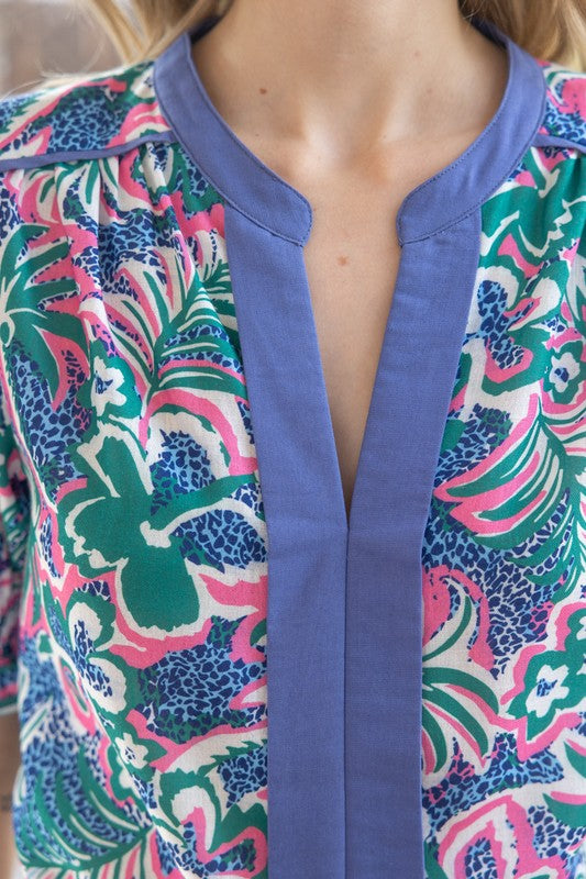 Apparel- VOY Short Puffed Sleeve Floral/ Leopard Top