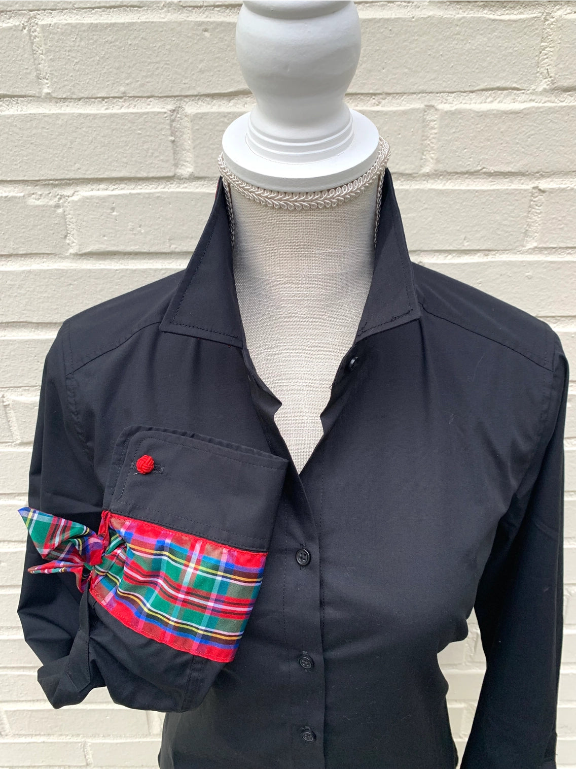 Apparel- Pearly Vines- Audrey Black Holiday Ribbon French Cuff with Black Plaid Ribbon