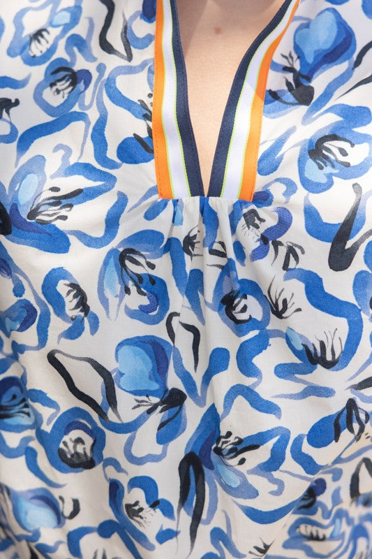 Apparel- VOY Abstract Floral Stripe Contrast Band Top