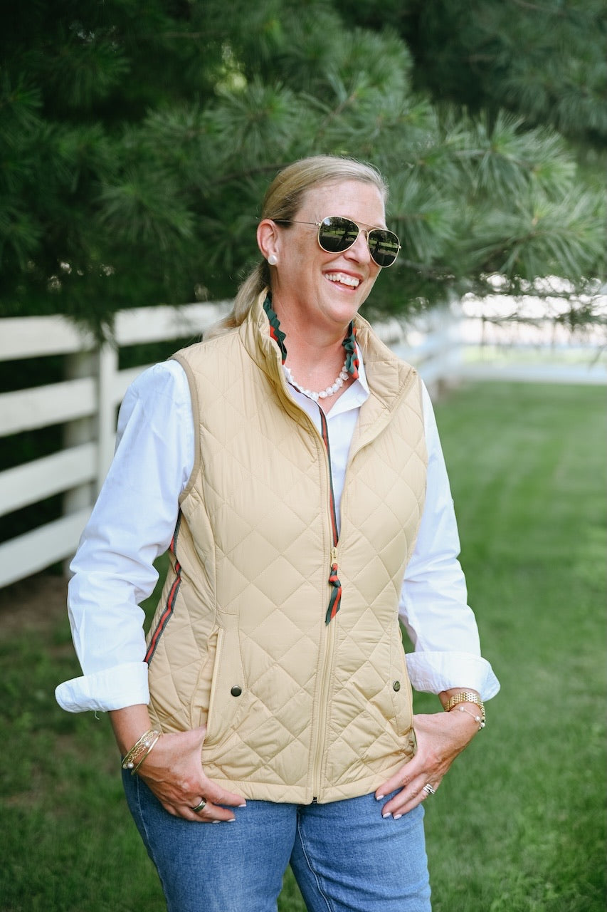 Apparel- Pearly Vine Maggie May- Khaki Quilted Puffer Vest w Hunter Green & Red Stripe Ribbon Trim