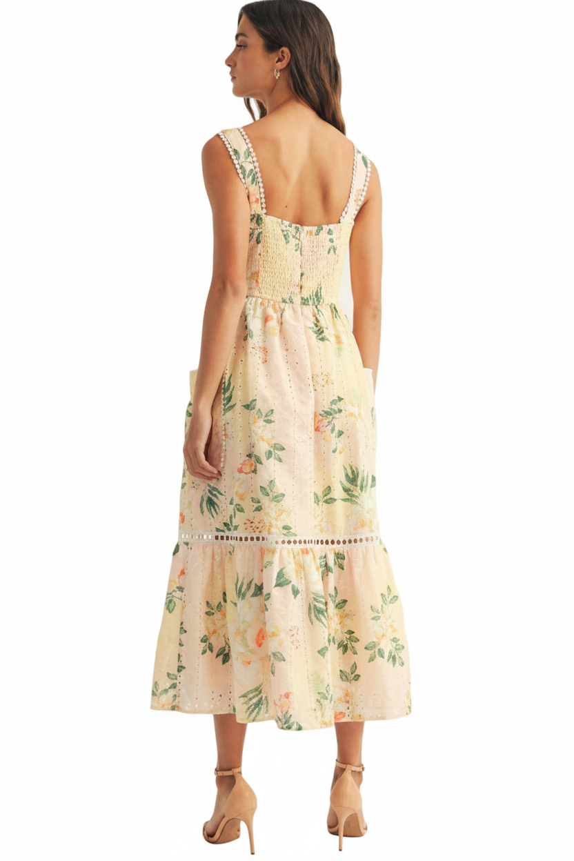 Just Me Floral Printed Embroidered Sleeveless Midi Dress