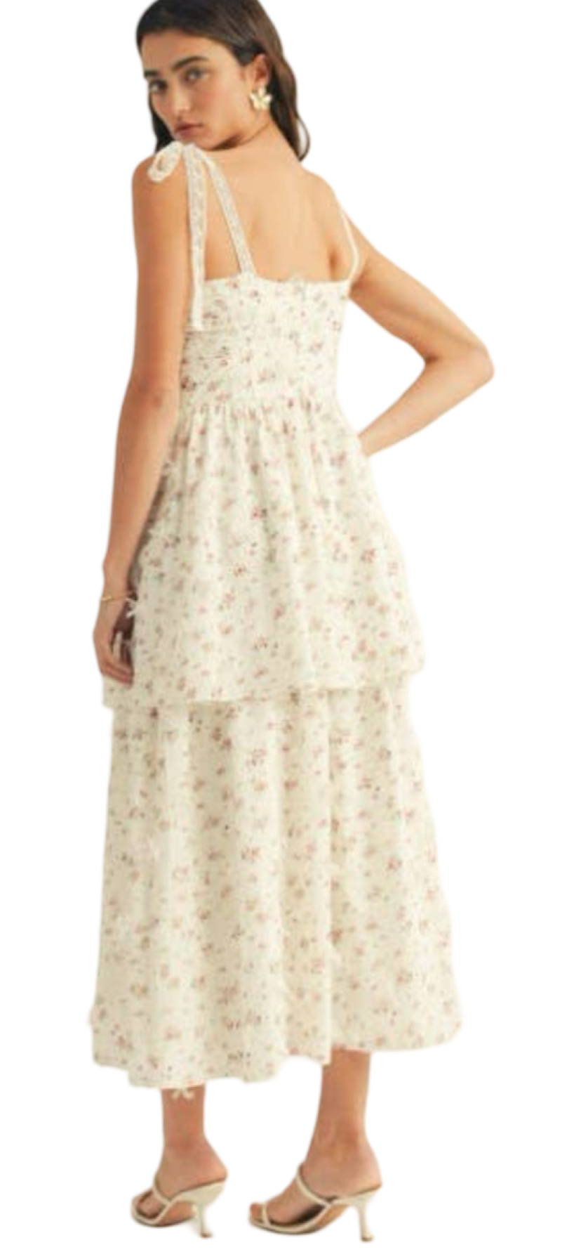 Apparel- Just Me Floral Print Shoulder Tie Shirring Detail Midi Dress