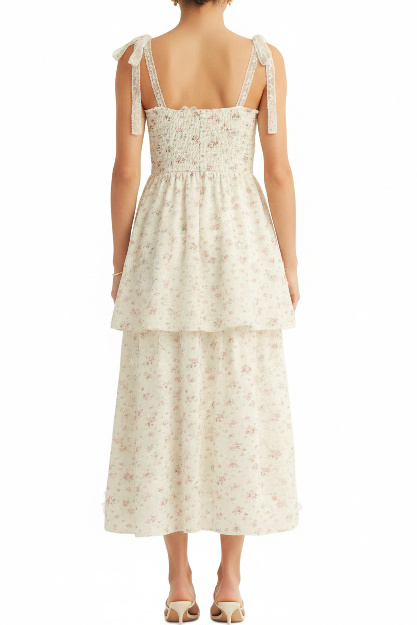 Just Me Floral Print Shoulder Tie Shirring Detail Midi Dress