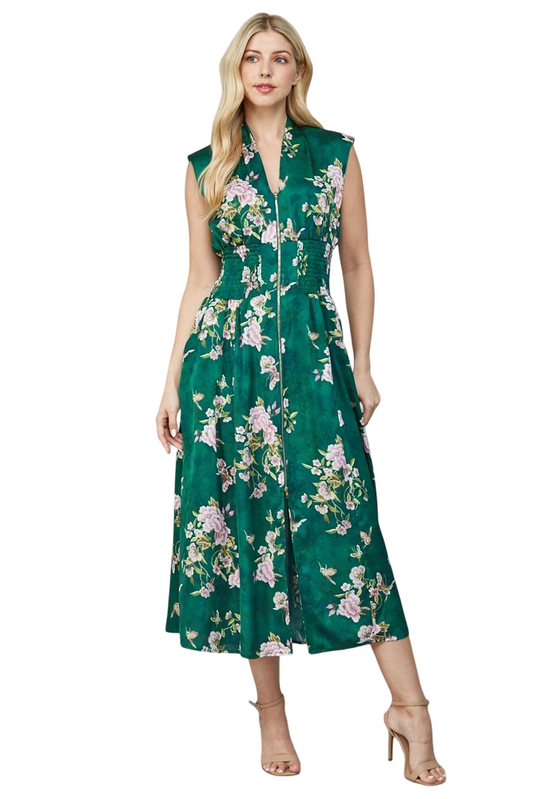 Apparel-Fate Vintage Floral Front Zip Midi Dress