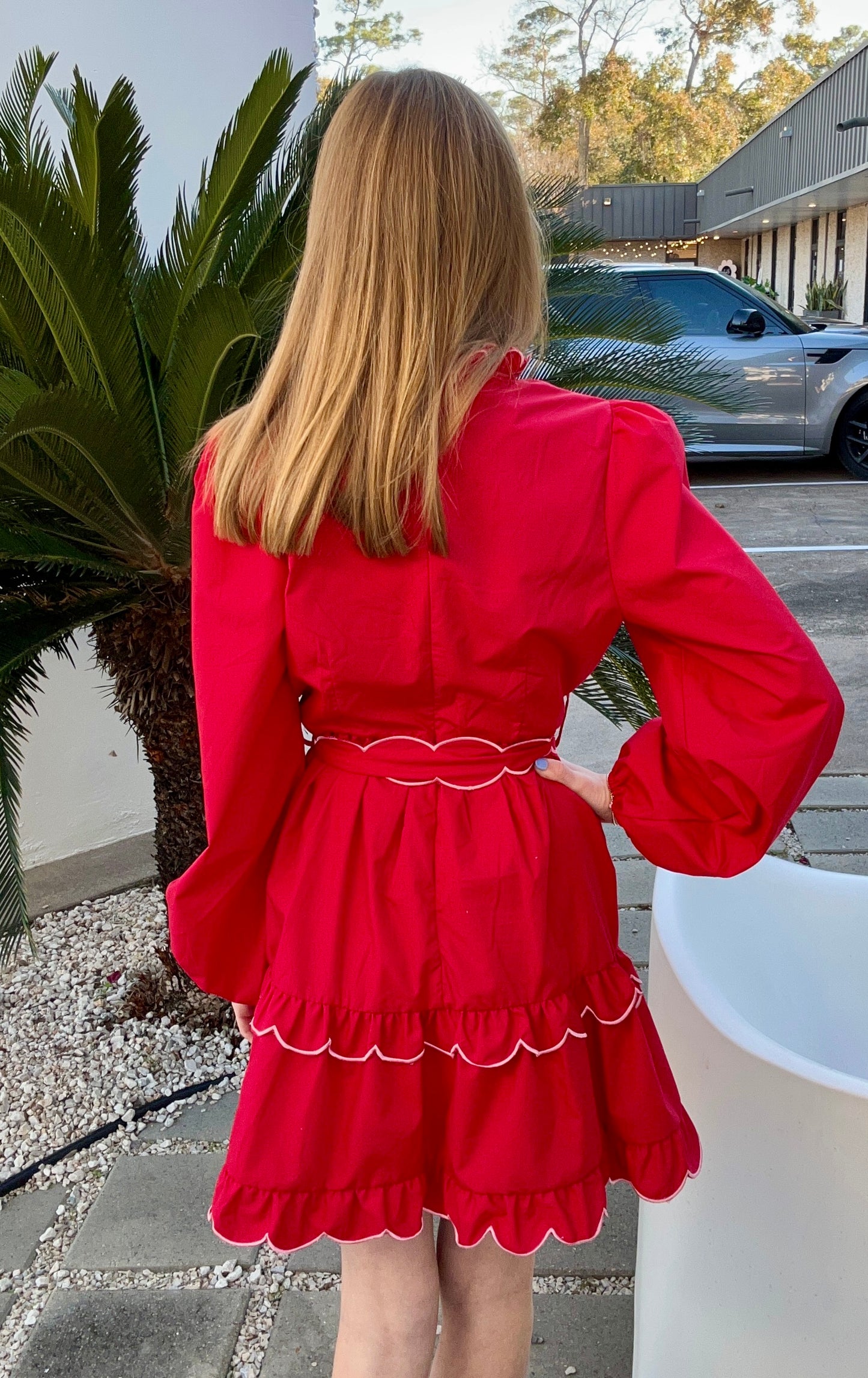 Apparel- Main Strip Scallop Edge Trim Solid Mini Dress