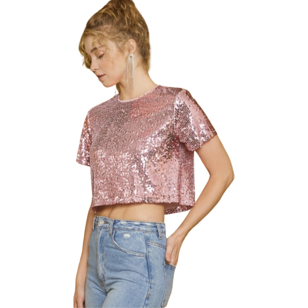 Apparel- Idem Ditto Short Sleeve Sequin Crop Top