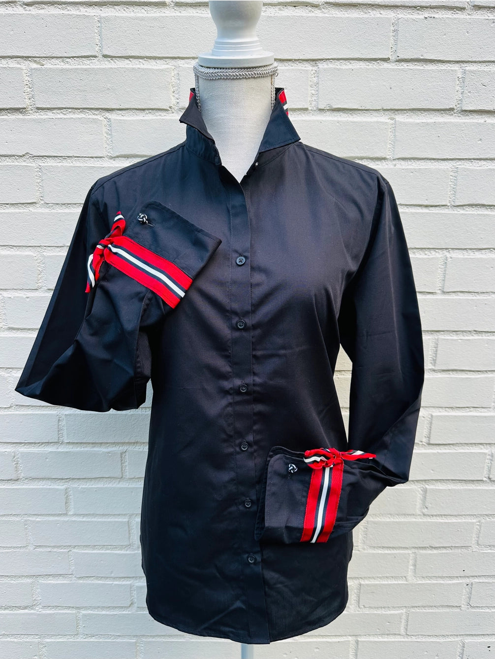 Pearly Vines- Audrey Black Ribbon French Cuff with Black and Red Ribbon Black W Red and Black Ribbon / XL