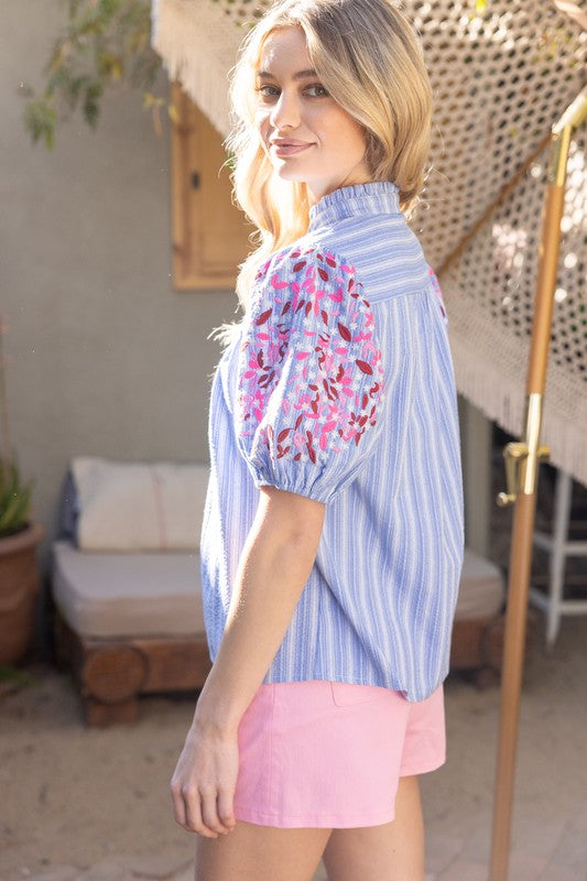 Apparel- VOY Short Embroidered Contrast Knit Top
