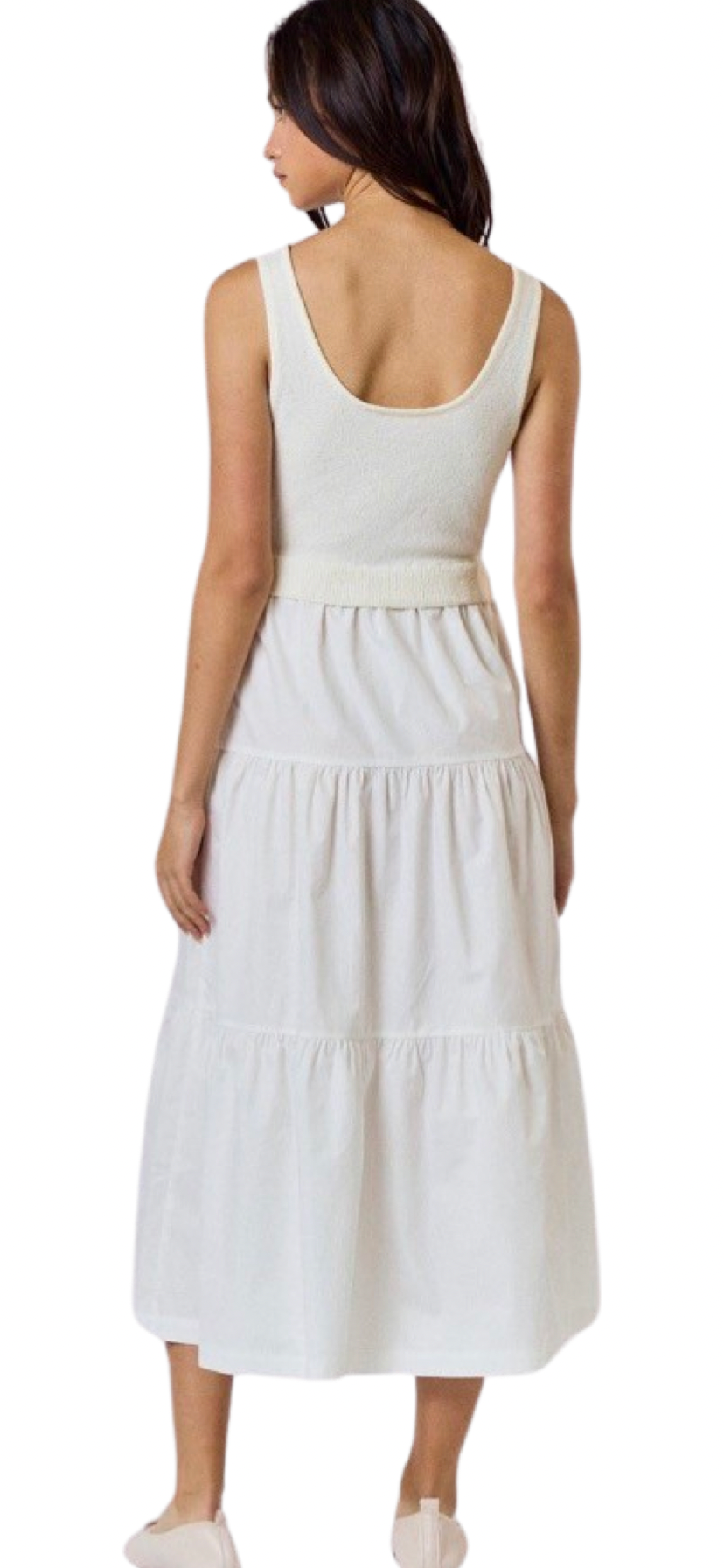 Apparel- LALAVON Sweater Contrast Scoop Neck Tiered Midi Dress