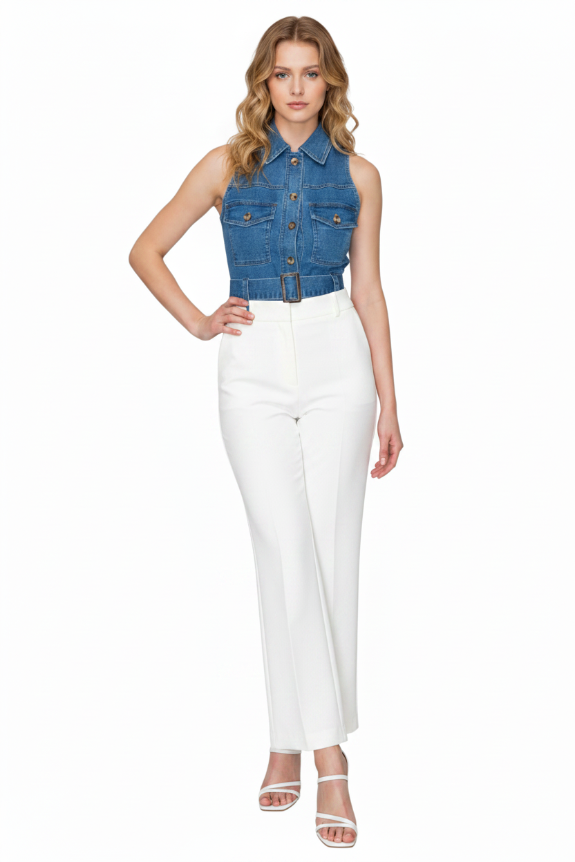 Haute Monde Denim Belted Sleeveless Top