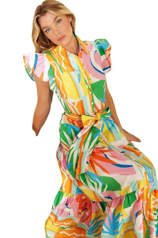 Flying Tomato Printed Ruffle Sleeve Midi Dress