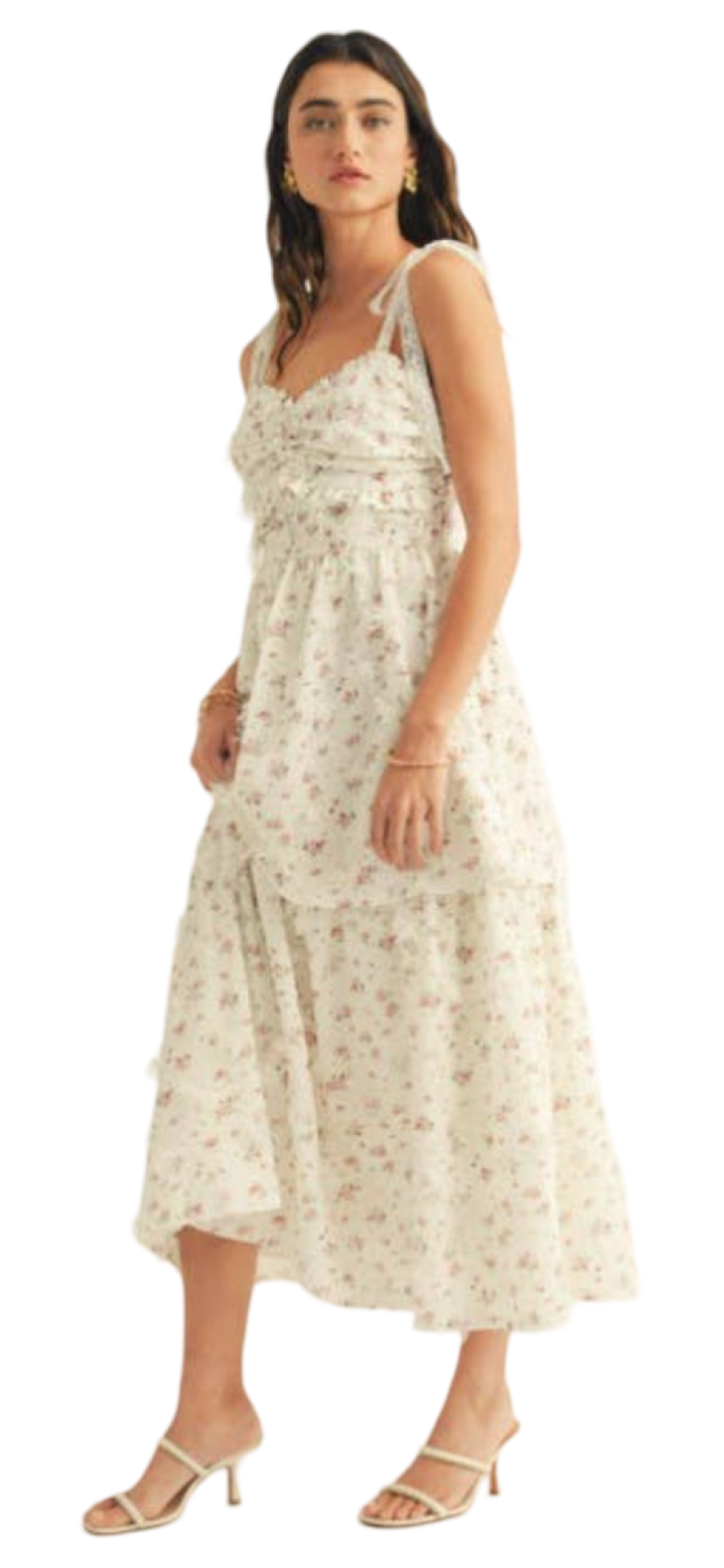 Apparel- Just Me Floral Print Shoulder Tie Shirring Detail Midi Dress