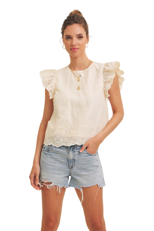 Apparel- In February Eyelet Border Blouse with Ruffled Sleeves