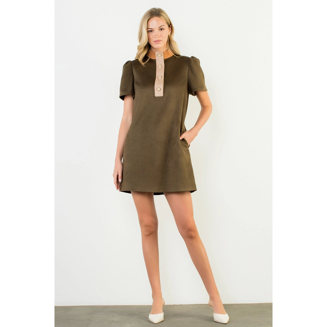 Apparel- THML Contrast Detail Short Sleeve Suede Mini Dress