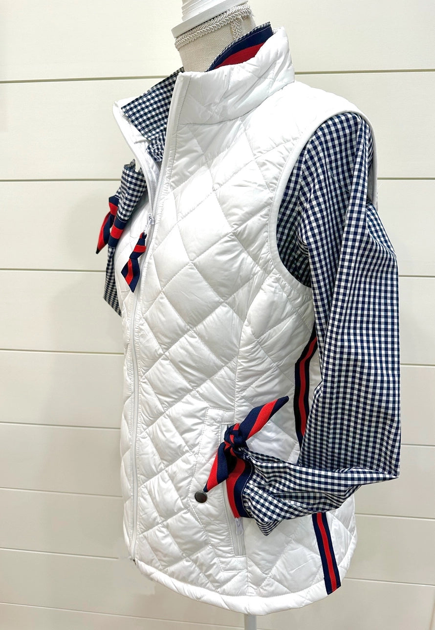 Apparel- Pearly Vine Maggie May- White Quilted Puffer Vest w Navy & Red Stripe Ribbon Trim
